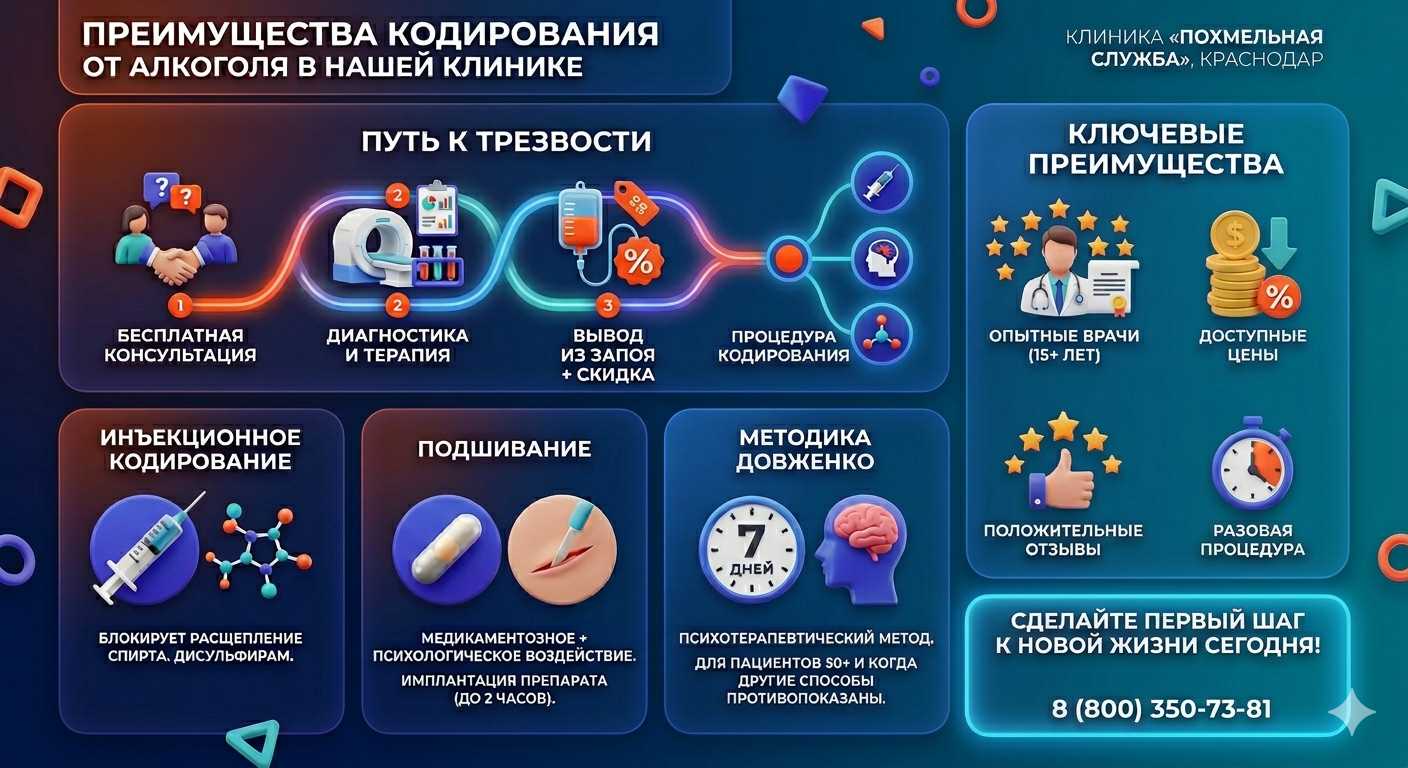 Инфографика о методах кодирования от алкоголя в Очёре: инъекции, подшивание, метод Довженко. Преимущества клиники и этапы лечения.